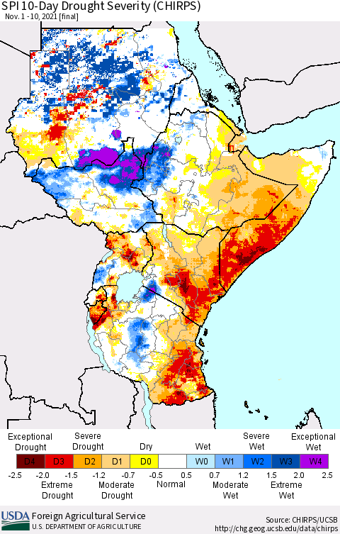 Eastern Africa SPI 10-Day Drought Severity (CHIRPS) Thematic Map For 11/1/2021 - 11/10/2021