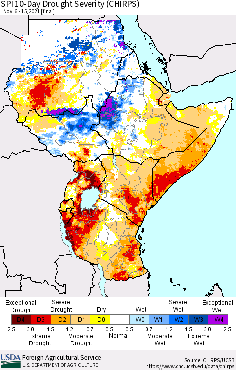 Eastern Africa SPI 10-Day Drought Severity (CHIRPS) Thematic Map For 11/6/2021 - 11/15/2021
