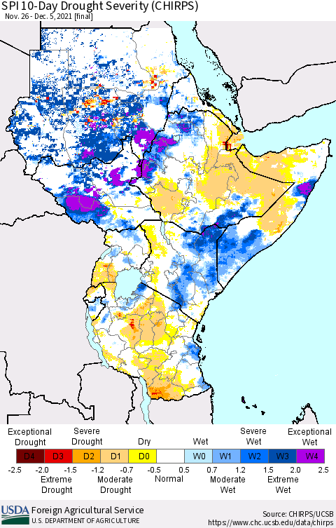 Eastern Africa SPI 10-Day Drought Severity (CHIRPS) Thematic Map For 11/26/2021 - 12/5/2021