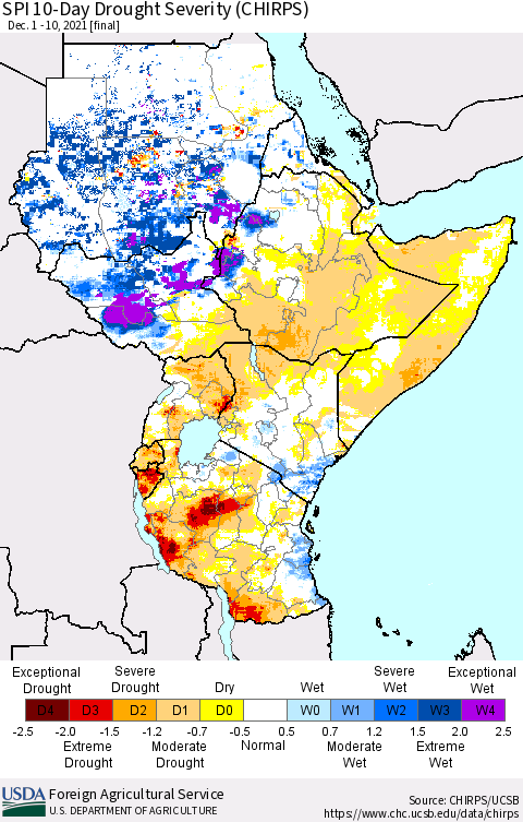 Eastern Africa SPI 10-Day Drought Severity (CHIRPS) Thematic Map For 12/1/2021 - 12/10/2021
