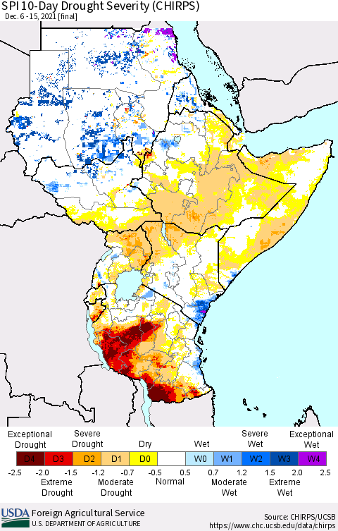 Eastern Africa SPI 10-Day Drought Severity (CHIRPS) Thematic Map For 12/6/2021 - 12/15/2021