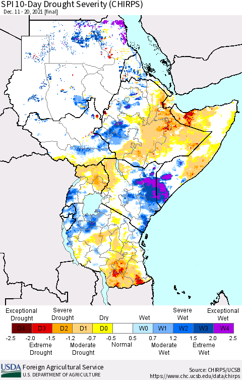Eastern Africa SPI 10-Day Drought Severity (CHIRPS) Thematic Map For 12/11/2021 - 12/20/2021