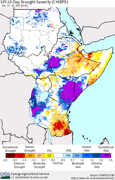 Eastern Africa SPI 10-Day Drought Severity (CHIRPS) Thematic Map For 12/16/2021 - 12/25/2021