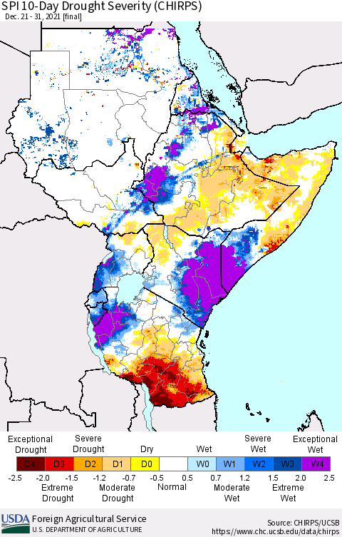 Eastern Africa SPI 10-Day Drought Severity (CHIRPS) Thematic Map For 12/21/2021 - 12/31/2021