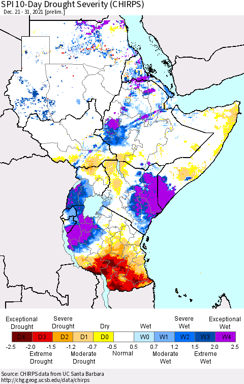 Eastern Africa SPI 10-Day Drought Severity (CHIRPS) Thematic Map For 12/21/2021 - 12/31/2021