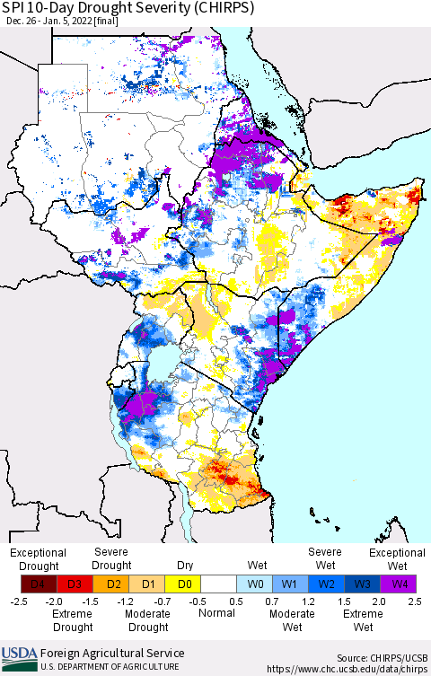 Eastern Africa SPI 10-Day Drought Severity (CHIRPS) Thematic Map For 12/26/2021 - 1/5/2022