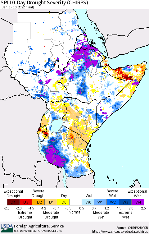 Eastern Africa SPI 10-Day Drought Severity (CHIRPS) Thematic Map For 1/1/2022 - 1/10/2022