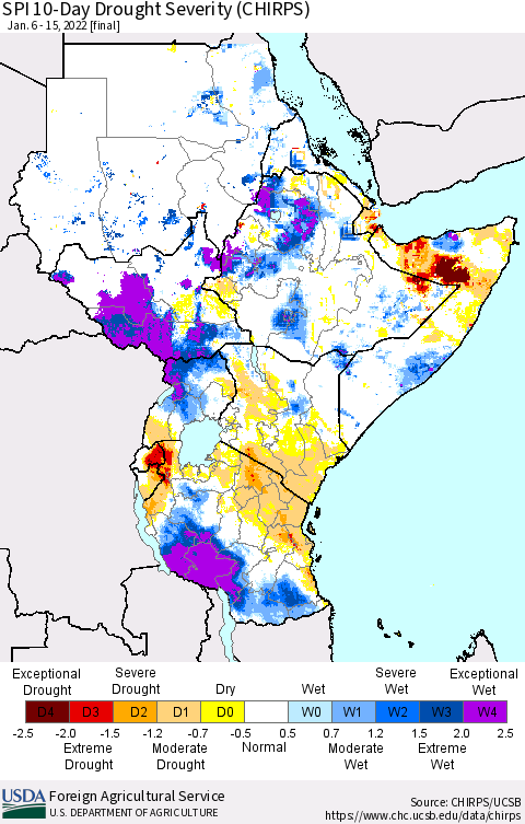 Eastern Africa SPI 10-Day Drought Severity (CHIRPS) Thematic Map For 1/6/2022 - 1/15/2022