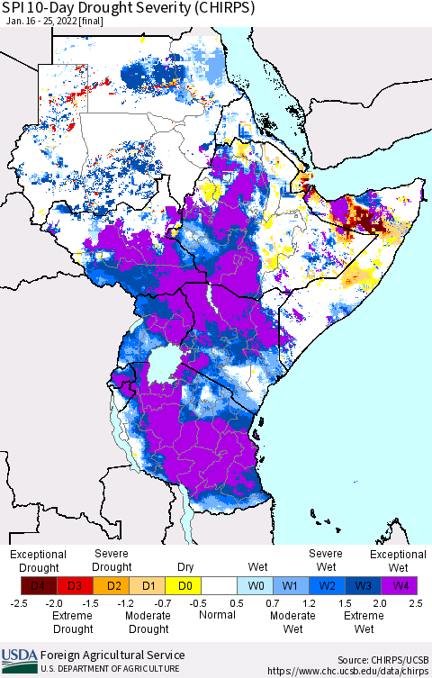 Eastern Africa SPI 10-Day Drought Severity (CHIRPS) Thematic Map For 1/16/2022 - 1/25/2022