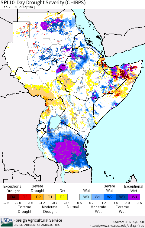 Eastern Africa SPI 10-Day Drought Severity (CHIRPS) Thematic Map For 1/21/2022 - 1/31/2022