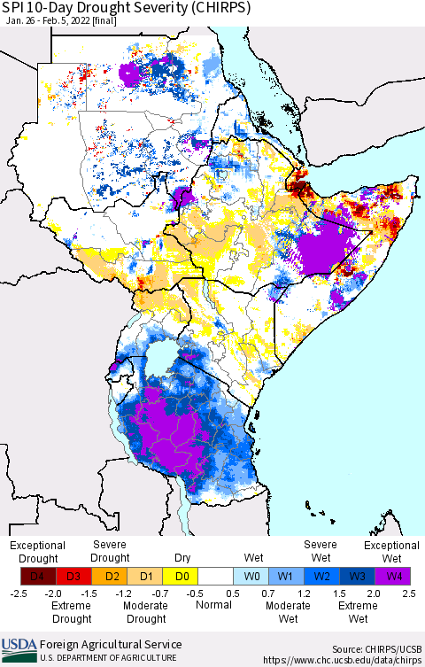 Eastern Africa SPI 10-Day Drought Severity (CHIRPS) Thematic Map For 1/26/2022 - 2/5/2022