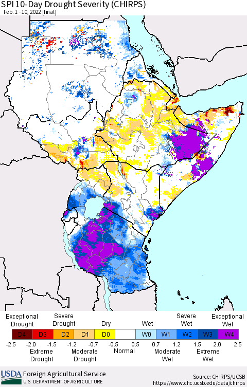 Eastern Africa SPI 10-Day Drought Severity (CHIRPS) Thematic Map For 2/1/2022 - 2/10/2022