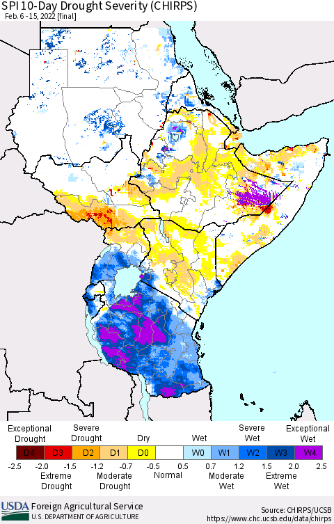 Eastern Africa SPI 10-Day Drought Severity (CHIRPS) Thematic Map For 2/6/2022 - 2/15/2022