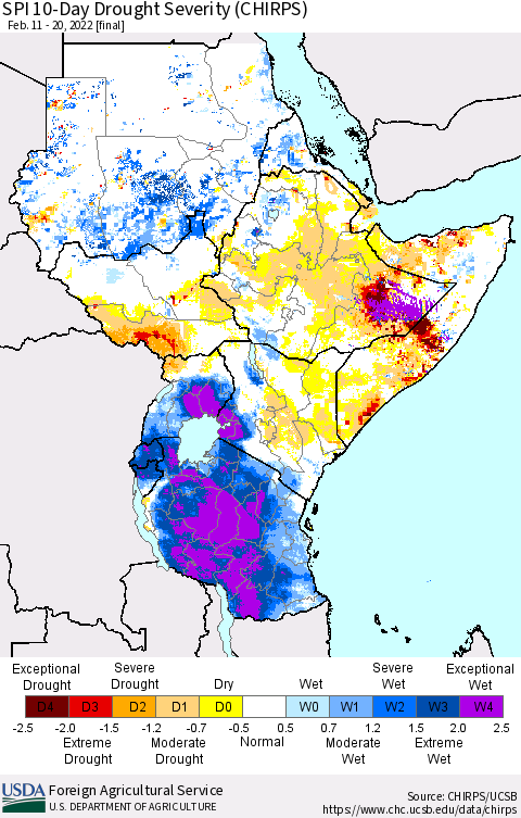 Eastern Africa SPI 10-Day Drought Severity (CHIRPS) Thematic Map For 2/11/2022 - 2/20/2022