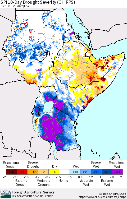 Eastern Africa SPI 10-Day Drought Severity (CHIRPS) Thematic Map For 2/16/2022 - 2/25/2022