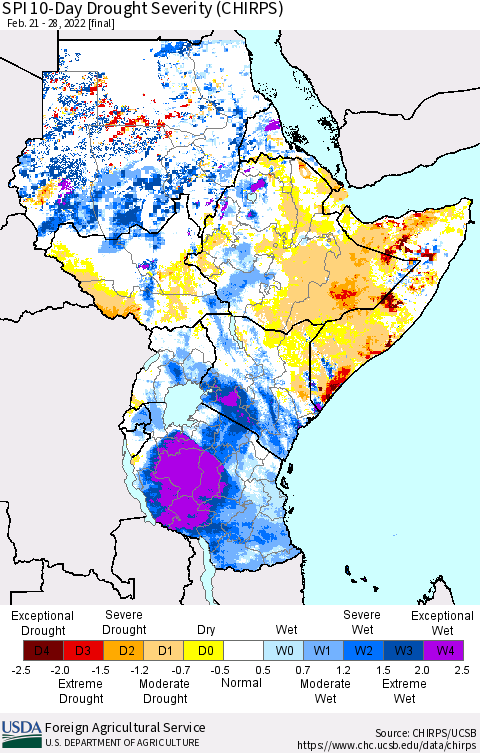 Eastern Africa SPI 10-Day Drought Severity (CHIRPS) Thematic Map For 2/21/2022 - 2/28/2022