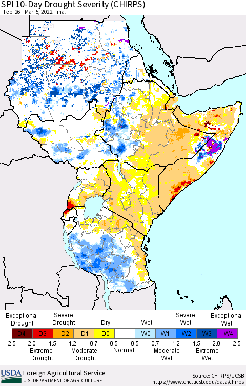 Eastern Africa SPI 10-Day Drought Severity (CHIRPS) Thematic Map For 2/26/2022 - 3/5/2022