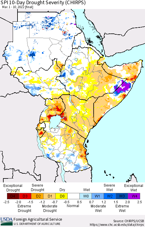 Eastern Africa SPI 10-Day Drought Severity (CHIRPS) Thematic Map For 3/1/2022 - 3/10/2022