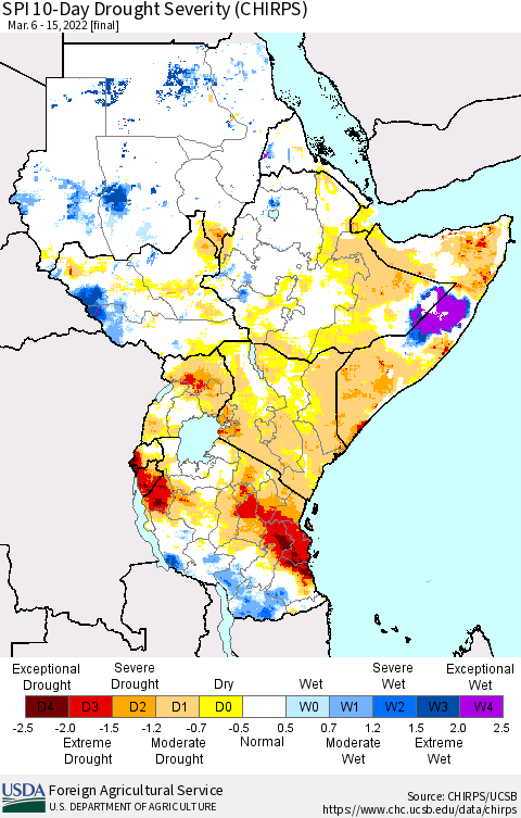 Eastern Africa SPI 10-Day Drought Severity (CHIRPS) Thematic Map For 3/6/2022 - 3/15/2022