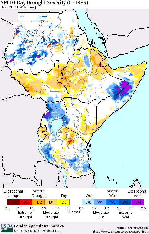 Eastern Africa SPI 10-Day Drought Severity (CHIRPS) Thematic Map For 3/21/2022 - 3/31/2022