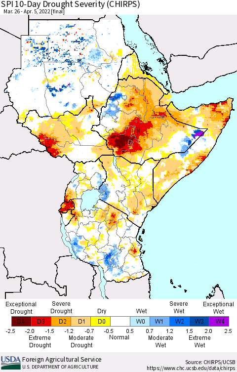 Eastern Africa SPI 10-Day Drought Severity (CHIRPS) Thematic Map For 3/26/2022 - 4/5/2022