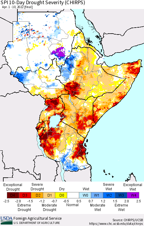 Eastern Africa SPI 10-Day Drought Severity (CHIRPS) Thematic Map For 4/1/2022 - 4/10/2022