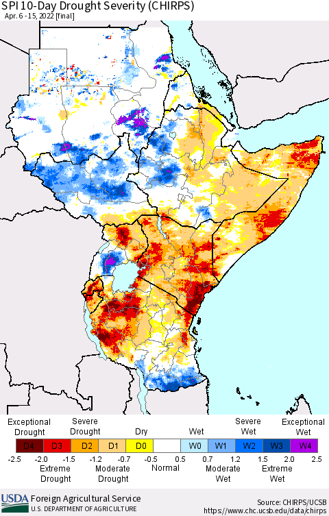 Eastern Africa SPI 10-Day Drought Severity (CHIRPS) Thematic Map For 4/6/2022 - 4/15/2022