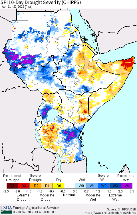 Eastern Africa SPI 10-Day Drought Severity (CHIRPS) Thematic Map For 4/11/2022 - 4/20/2022