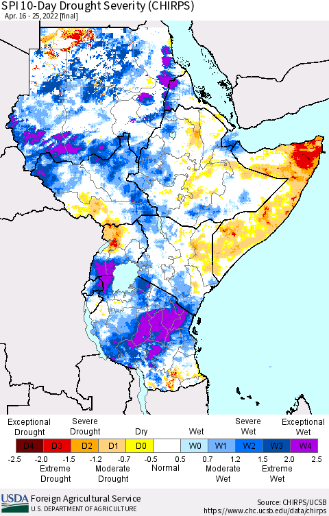 Eastern Africa SPI 10-Day Drought Severity (CHIRPS) Thematic Map For 4/16/2022 - 4/25/2022