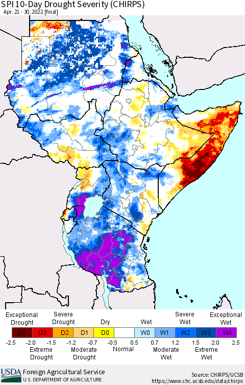 Eastern Africa SPI 10-Day Drought Severity (CHIRPS) Thematic Map For 4/21/2022 - 4/30/2022