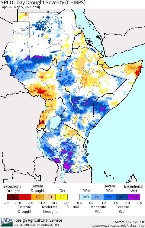 Eastern Africa SPI 10-Day Drought Severity (CHIRPS) Thematic Map For 4/26/2022 - 5/5/2022