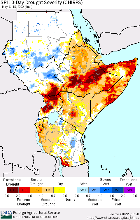Eastern Africa SPI 10-Day Drought Severity (CHIRPS) Thematic Map For 5/6/2022 - 5/15/2022