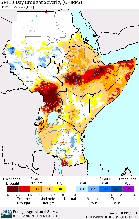 Eastern Africa SPI 10-Day Drought Severity (CHIRPS) Thematic Map For 5/11/2022 - 5/20/2022