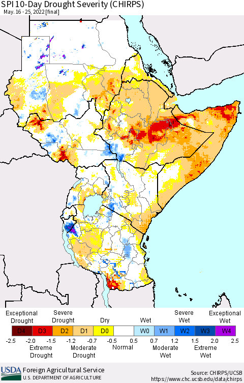 Eastern Africa SPI 10-Day Drought Severity (CHIRPS) Thematic Map For 5/16/2022 - 5/25/2022