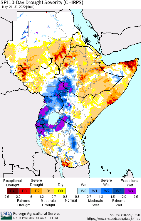 Eastern Africa SPI 10-Day Drought Severity (CHIRPS) Thematic Map For 5/21/2022 - 5/31/2022