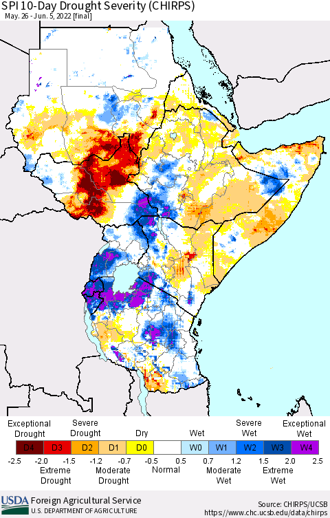 Eastern Africa SPI 10-Day Drought Severity (CHIRPS) Thematic Map For 5/26/2022 - 6/5/2022