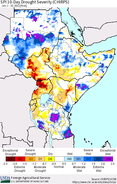 Eastern Africa SPI 10-Day Drought Severity (CHIRPS) Thematic Map For 6/1/2022 - 6/10/2022