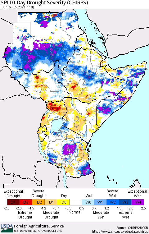 Eastern Africa SPI 10-Day Drought Severity (CHIRPS) Thematic Map For 6/6/2022 - 6/15/2022