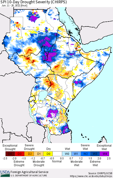 Eastern Africa SPI 10-Day Drought Severity (CHIRPS) Thematic Map For 6/11/2022 - 6/20/2022