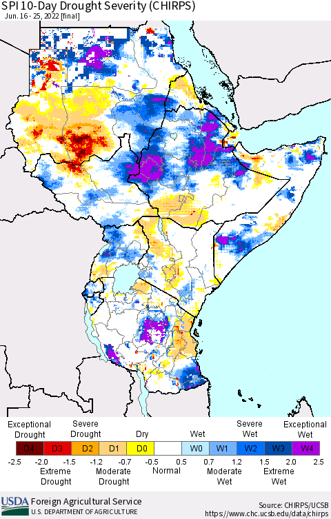 Eastern Africa SPI 10-Day Drought Severity (CHIRPS) Thematic Map For 6/16/2022 - 6/25/2022