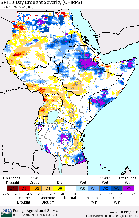 Eastern Africa SPI 10-Day Drought Severity (CHIRPS) Thematic Map For 6/21/2022 - 6/30/2022