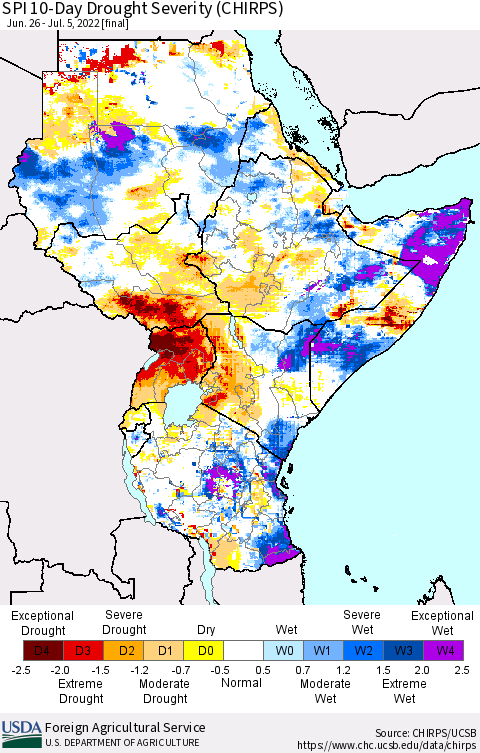 Eastern Africa SPI 10-Day Drought Severity (CHIRPS) Thematic Map For 6/26/2022 - 7/5/2022