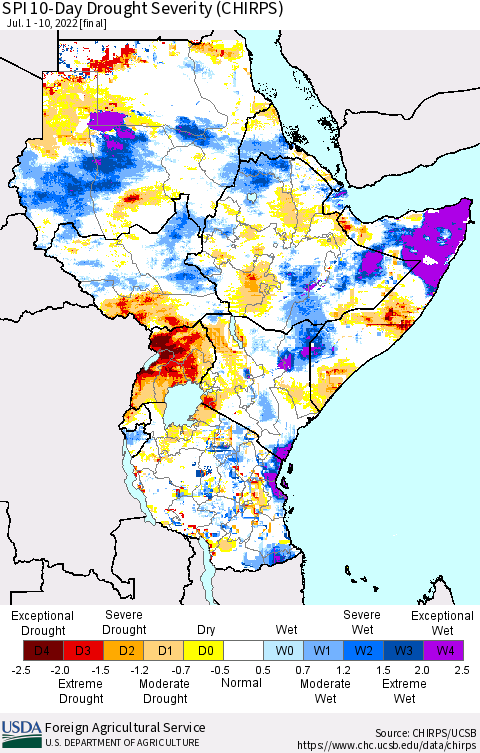 Eastern Africa SPI 10-Day Drought Severity (CHIRPS) Thematic Map For 7/1/2022 - 7/10/2022