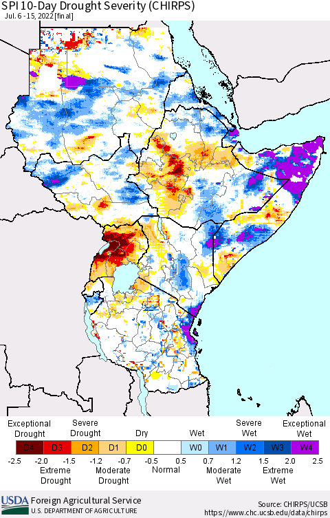Eastern Africa SPI 10-Day Drought Severity (CHIRPS) Thematic Map For 7/6/2022 - 7/15/2022