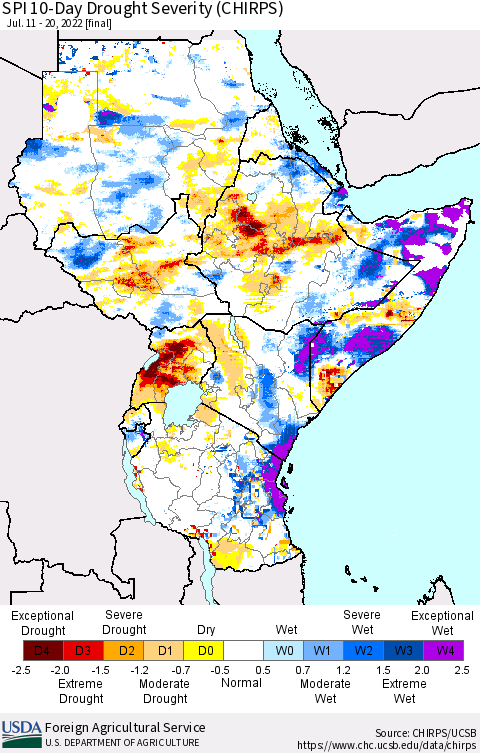 Eastern Africa SPI 10-Day Drought Severity (CHIRPS) Thematic Map For 7/11/2022 - 7/20/2022
