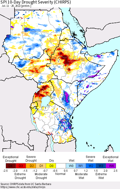 Eastern Africa SPI 10-Day Drought Severity (CHIRPS) Thematic Map For 7/11/2022 - 7/20/2022