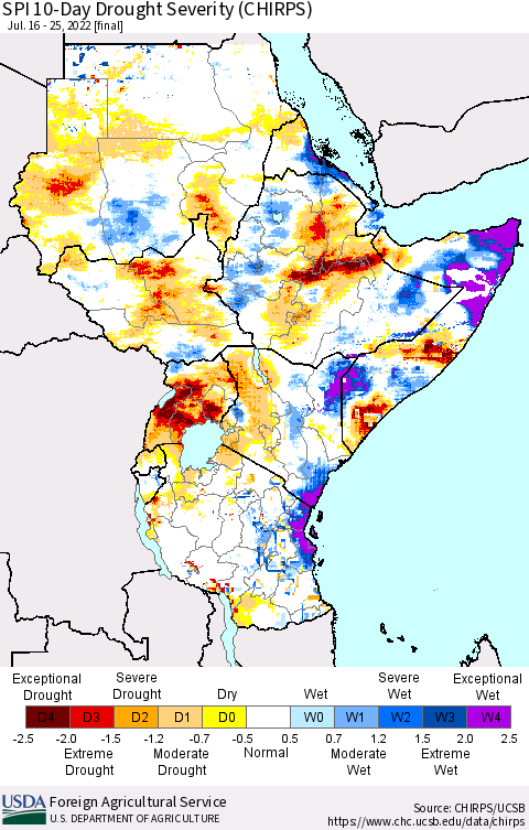 Eastern Africa SPI 10-Day Drought Severity (CHIRPS) Thematic Map For 7/16/2022 - 7/25/2022