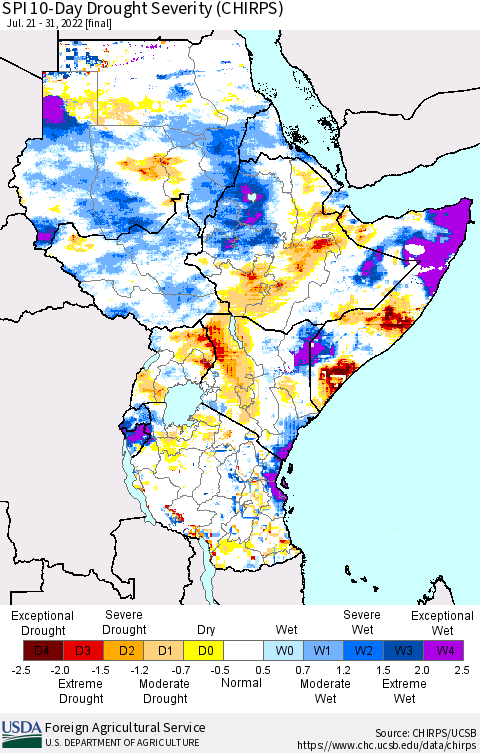Eastern Africa SPI 10-Day Drought Severity (CHIRPS) Thematic Map For 7/21/2022 - 7/31/2022