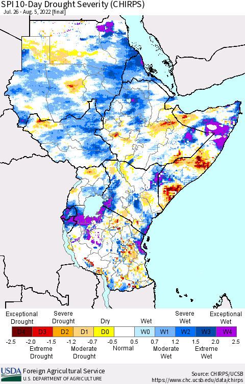 Eastern Africa SPI 10-Day Drought Severity (CHIRPS) Thematic Map For 7/26/2022 - 8/5/2022
