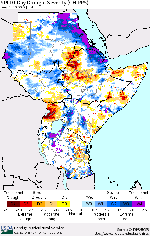 Eastern Africa SPI 10-Day Drought Severity (CHIRPS) Thematic Map For 8/1/2022 - 8/10/2022